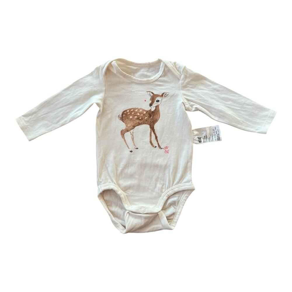 H&M Baby Deer Graphic Long Sleeve Bodysuit – Size EUR 62 (US Newborn–0/3M)